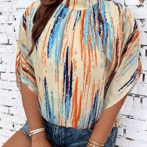 SHEIN Blue and Orange Graphic 3/4 Sleeve Blouse